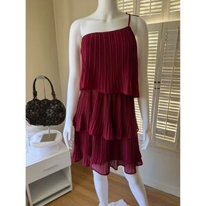 Zesica Burgundy One Shoulder Pleated Tiered Mini Dress Wine Red Size S